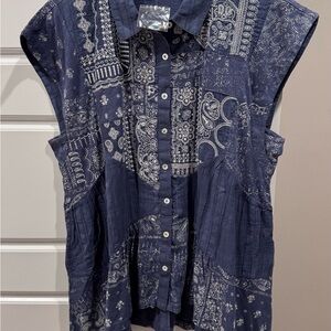 Sundance Navy Blue Button Down Shirt with White Embroidery designs